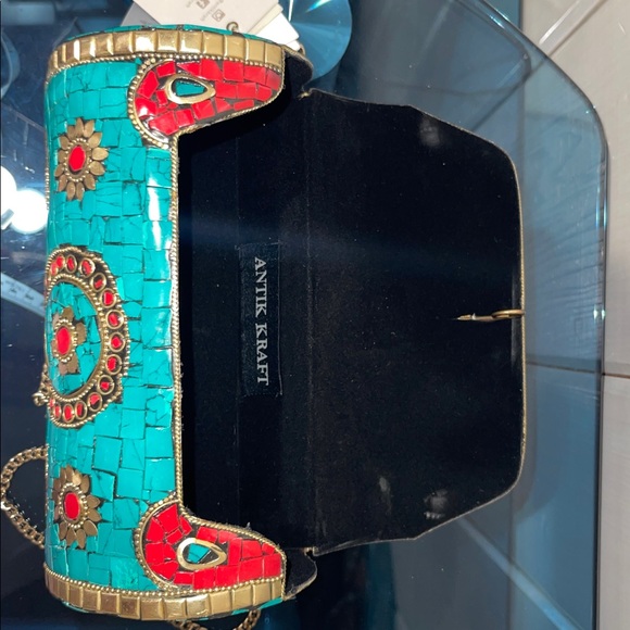Antik Kraft Mosaic Turquoise Accented Clutch Shoulder Crossbody Chain Strap Bag - Picture 5 of 9